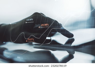 Multi exposure of creative statistics data hologram with finger presses on a digital tablet on background, stats and analytics concept