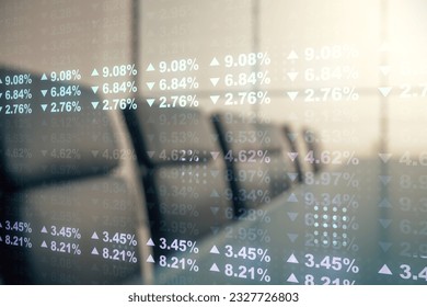 Multi exposure of creative statistics data hologram on a modern meeting room background, stats and analytics concept