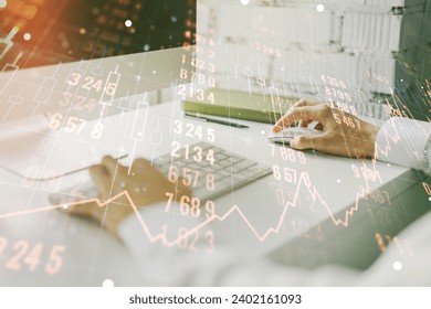 Multi exposure of creative statistics data hologram with hands typing on computer keyboard on background, stats and analytics concept