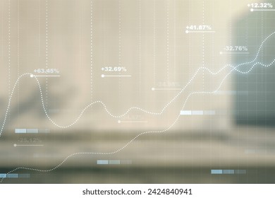 Multi exposure of creative statistics data hologram on modern business center exterior background, stats and analytics concept