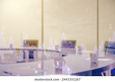 Multi exposure of creative statistics data hologram on a modern meeting room background, stats and analytics concept