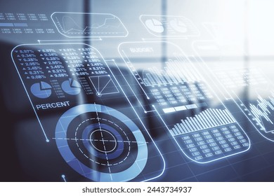 Multi exposure of creative statistics data hologram on a modern meeting room background, stats and analytics concept