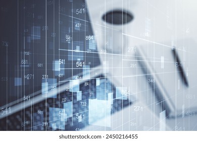 Multi exposure of creative statistics data hologram on laptop background, stats and analytics concept