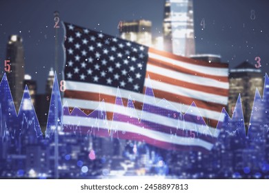 Multi exposure of creative statistics data hologram on USA flag and blurry skyscrapers background, stats and analytics concept - Powered by Shutterstock