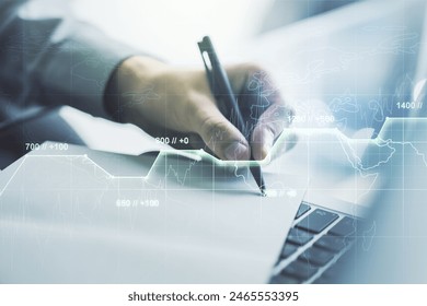 Multi exposure of creative statistics data hologram with hand writing in notebook on background with laptop, stats and analytics concept - Powered by Shutterstock - Get 15% off with code: PIKWIZARD15