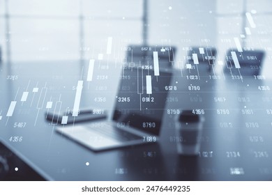 Multi exposure of creative statistics data hologram on laptop background, stats and analytics concept