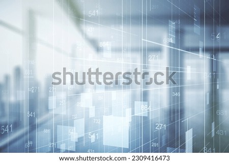 Multi exposure of creative statistics data hologram on empty modern office background, stats and analytics concept