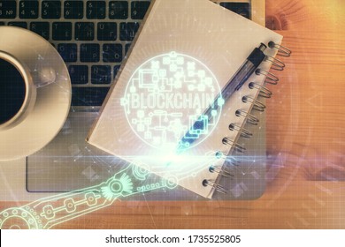 Multi exposure of crypto theme drawing and work table top veiw. Concept of blockchain technology in business.