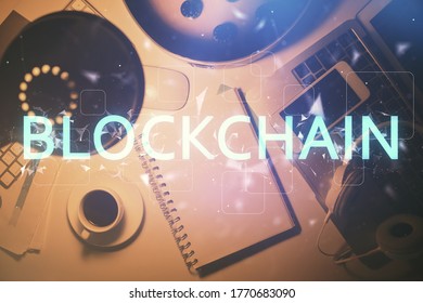 Multi exposure of crypto theme drawing and work table top veiw. Concept of blockchain technology in business.