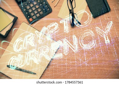Multi exposure of crypto theme drawing and work table top veiw. Concept of blockchain technology in business.