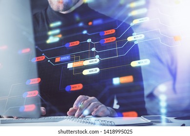Multi exposure of data internet theme hologram with man working on computer on background. Concept of innovation.