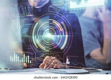 Multi exposure of data internet theme hologram with man working on computer on background. Concept of innovation.