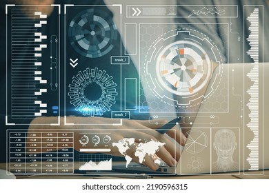 Multi exposure of data internet theme hologram with man working on computer on background. Concept of innovation.