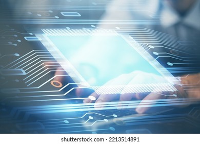 Multi exposure of data internet theme hologram with man working on computer on background. Concept of innovation.