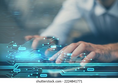 Multi exposure of data internet theme hologram with man working on computer on background. Concept of innovation.