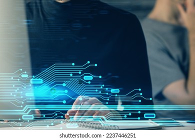 Multi exposure of data internet theme hologram with man working on computer on background. Concept of innovation.