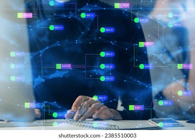Multi exposure of data internet theme hologram with man working on computer on background. Concept of innovation. - Powered by Shutterstock - Get 15% off with code: PIKWIZARD15