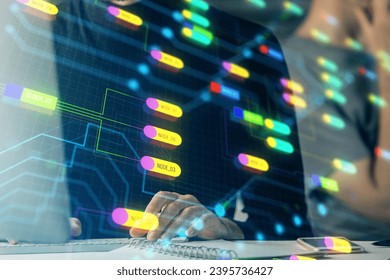 Multi exposure of data internet theme hologram with man working on computer on background. Concept of innovation.