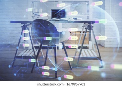 Multi exposure of data theme drawing and office interior background. Concept of technology.