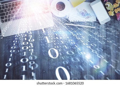 Multi exposure of data theme drawing hologram over topview work desk background with computer. Concept of technology.