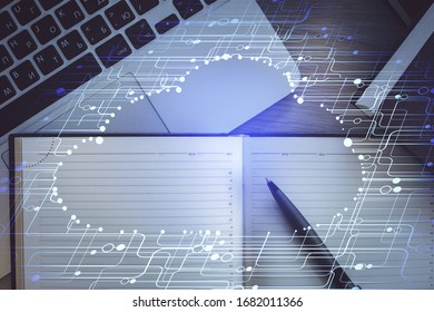 Multi exposure of data theme drawing hologram over topview work desk background with computer. Concept of technology.