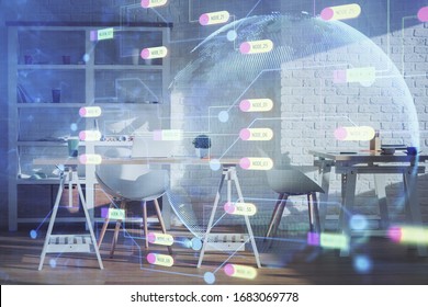 Multi exposure of data theme drawing and office interior background. Concept of technology.