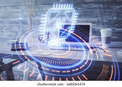 Multi exposure of data theme drawing and office interior background. Concept of technology.