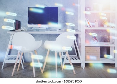 Multi exposure of data theme drawing and office interior background. Concept of technology.