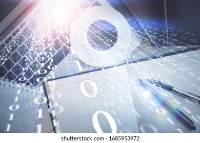 Multi exposure of data theme drawing hologram over topview work desk background with computer. Concept of technology.
