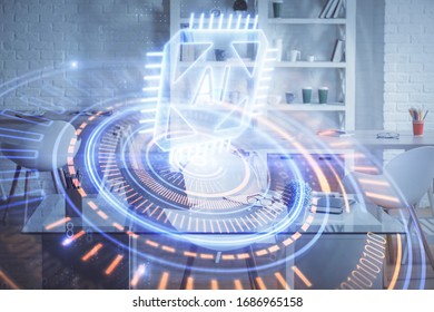 Multi exposure of data theme drawing and office interior background. Concept of technology.