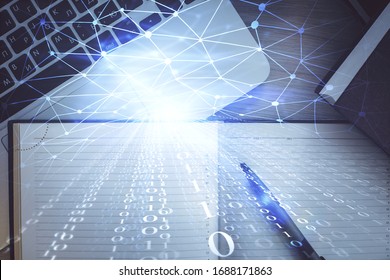 Multi exposure of data theme drawing hologram over topview work desk background with computer. Concept of technology.