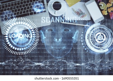 Multi exposure of data theme drawing hologram over topview work desk background with computer. Concept of technology.