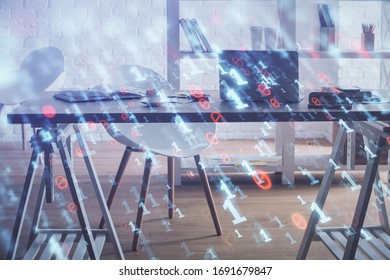 Multi exposure of data theme drawing and office interior background. Concept of technology.