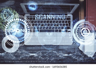 Multi exposure of data theme drawing hologram over topview work desk background with computer. Concept of technology.