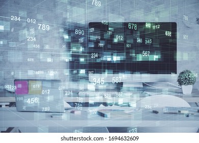 Multi exposure of data theme drawing and office interior background. Concept of technology.