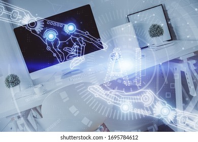 Multi exposure of data theme drawing and office interior background. Concept of technology.