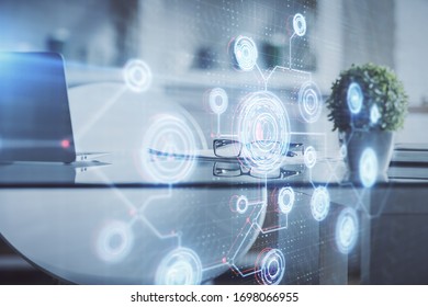 Multi exposure of data theme drawing and office interior background. Concept of technology.
