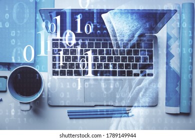 Multi exposure of data theme drawing hologram over topview work desk background with computer. Concept of technology.