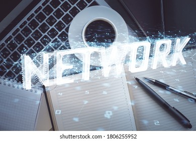 Multi exposure of data theme drawing hologram over topview work desk background with computer. Concept of technology.