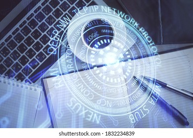 Multi exposure of data theme drawing hologram over topview work desk background with computer. Concept of technology.3