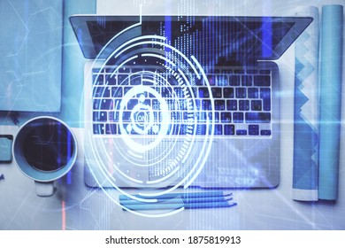 Multi exposure of data theme drawing hologram over topview work desk background with computer. Concept of technology.