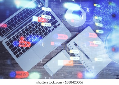 Multi exposure of data theme drawing hologram over topview work desk background with computer. Concept of technology.