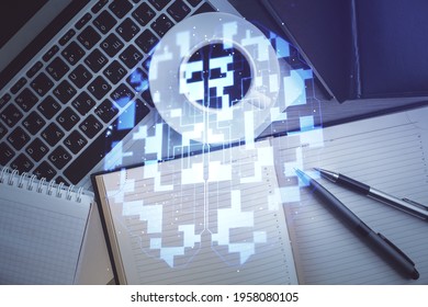 Multi exposure of data theme drawing hologram over topview work desk background with computer. Concept of technology.