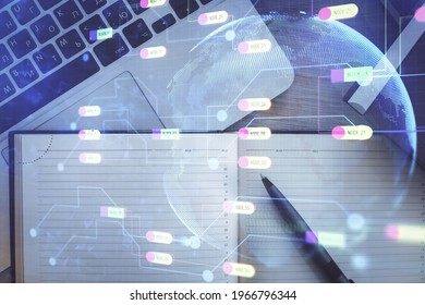 Multi exposure of data theme drawing hologram over topview work desk background with computer. Concept of technology.