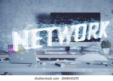 Multi exposure of data theme drawing and office interior background. Concept of technology.