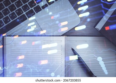 Multi exposure of data theme drawing hologram over topview work desk background with computer. Concept of technology.