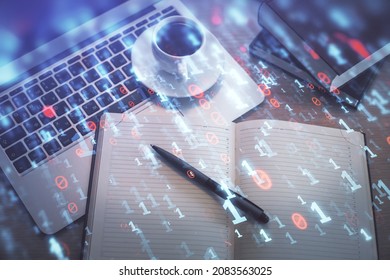Multi exposure of data theme drawing hologram over topview work desk background with computer. Concept of technology.