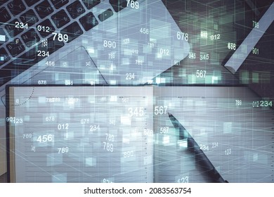 Multi exposure of data theme drawing hologram over topview work desk background with computer. Concept of technology.