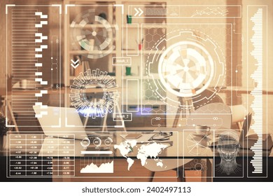 Multi exposure of data theme drawing and office interior background. Concept of technology.