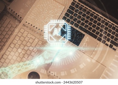 Multi exposure of data theme drawing hologram over topview work desk background with computer. Concept of technology.